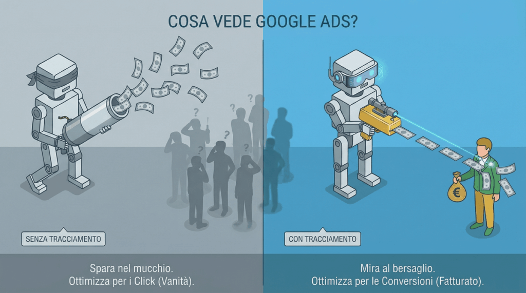 Infografica vettoriale divisa a met&agrave;: a sinistra, un robot bendato spara soldi a caso su una folla (senza tracciamento); a destra, un robot tecnologico con mirino laser colpisce un cliente specifico con un sacco di euro (con tracciamento), illustrando l'ottimizzazione per le conversioni su Google Ads.