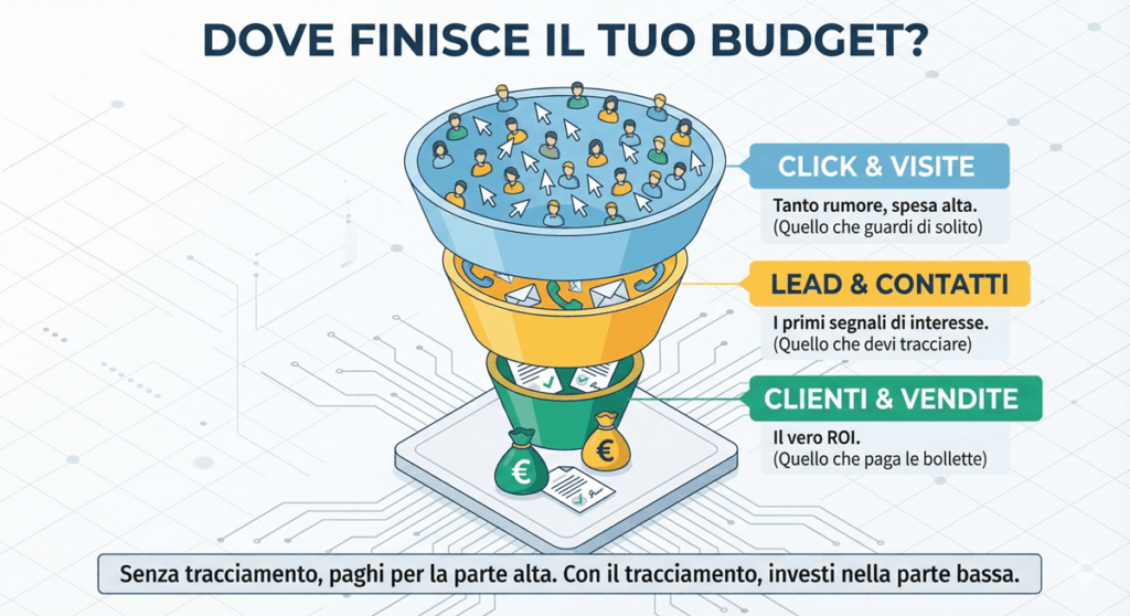 Infografica a imbuto (funnel) che mostra i tre livelli di una campagna Google Ads: in alto 'Click & Visite' (spesa alta), al centro 'Lead & Contatti' (primi segnali), e in basso 'Clienti & Vendite' (vero ROI con sacchi di euro), spiegando l'importanza di investire nella parte bassa del funnel tramite il tracciamento.
