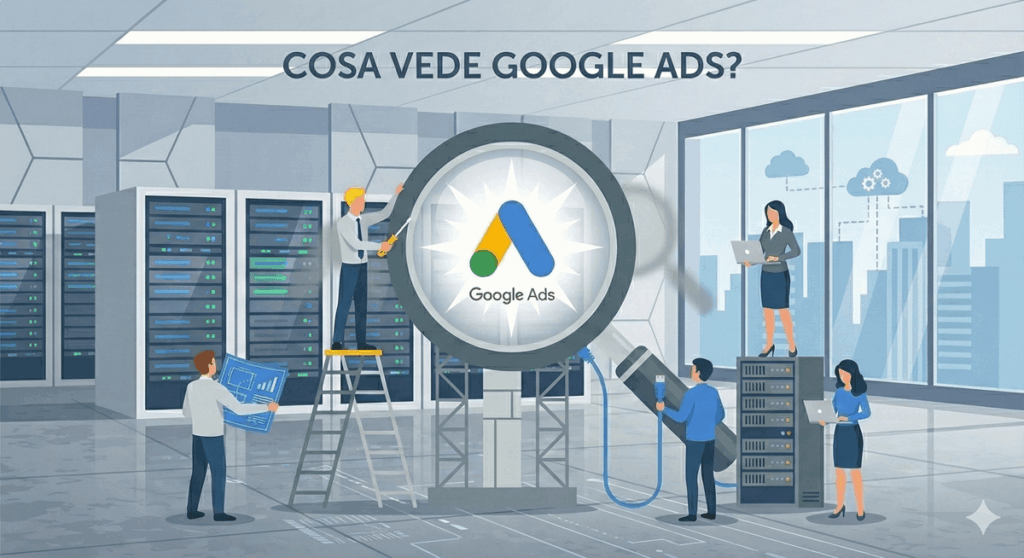 Grafica di team di digital marketing analizza i dati di conversione attraverso una lente tecnologica per ottimizzare le campagne Google Ads e migliorare il ROI.