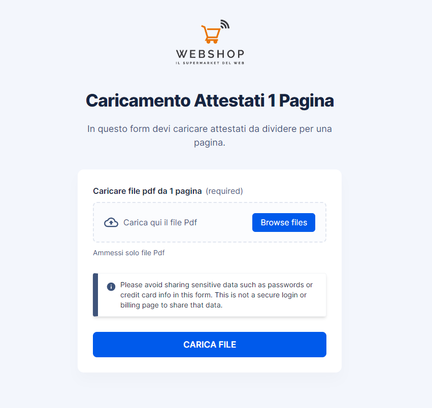 Pagina di caricamento del file