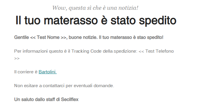 Email di conferma invio materasso