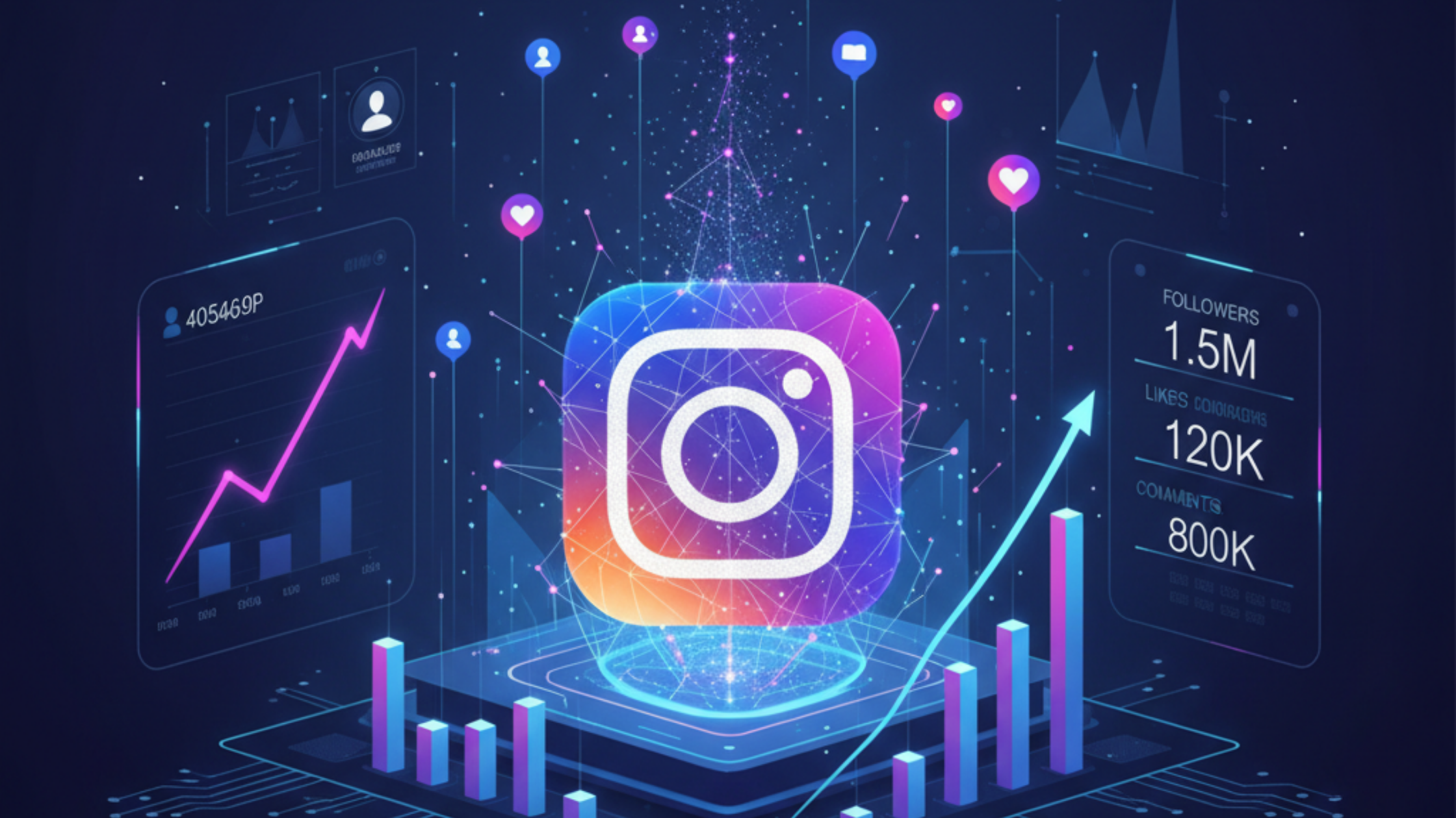 Schermata futuristica con logo Instagram al centro, grafici di crescita e icone social, nei colori viola, blu scuro e indaco del webshop, per un articolo sulla crescita aziendale su Instagram nel 2025.