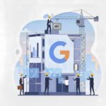 ostruzione della prima campagna Google Ads: ingegneri (marketer) costruiscono le fondamenta di un edificio con il logo Google, enfatizzando la raccolta di dati e la reputazione per il successo a lungo termine.