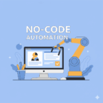 Illustrazione di un braccio robotico che lavora su un computer: simbolo dell'automazione No-Code per gestire flussi CRM e risparmiare tempo.