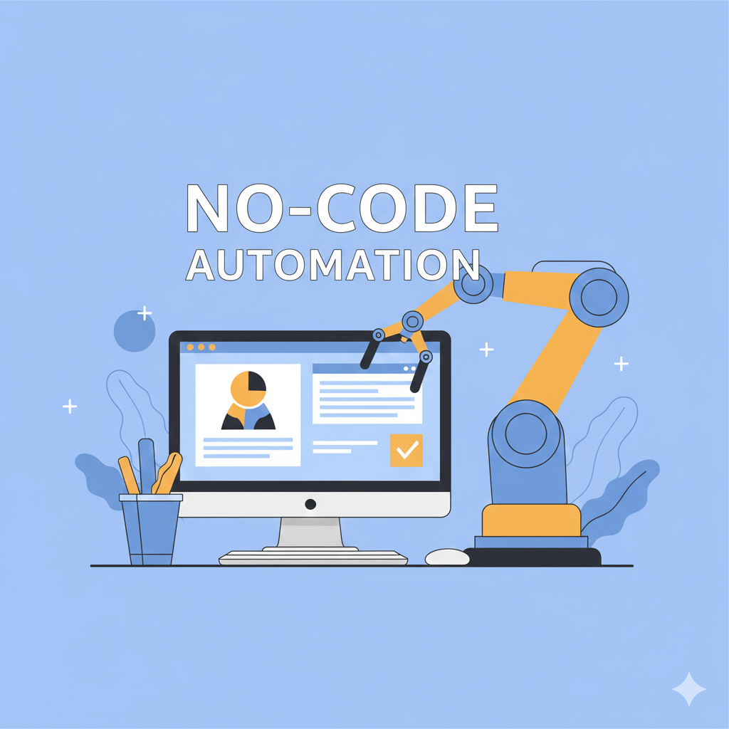 Illustrazione di un braccio robotico che lavora su un computer: simbolo dell'automazione No-Code per gestire flussi CRM e risparmiare tempo.