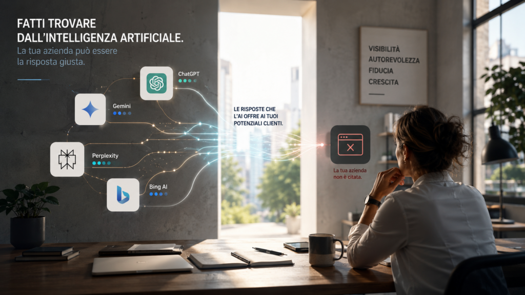 Imprenditrice osserva dashboard AI con motori generativi e dati strutturati per l&rsquo;ottimizzazione GEO di un sito web aziendale.